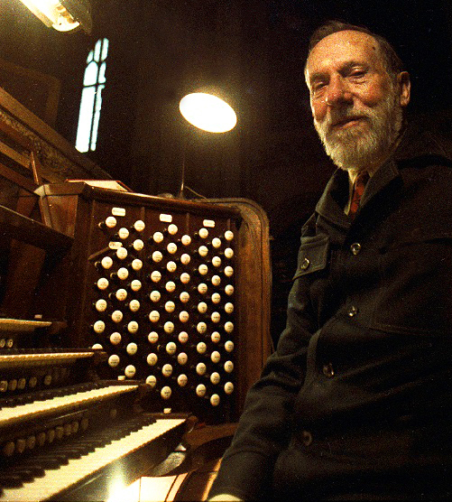 Lindsay at console of organ in Cathedral of St.John the Devine, New York City 1974